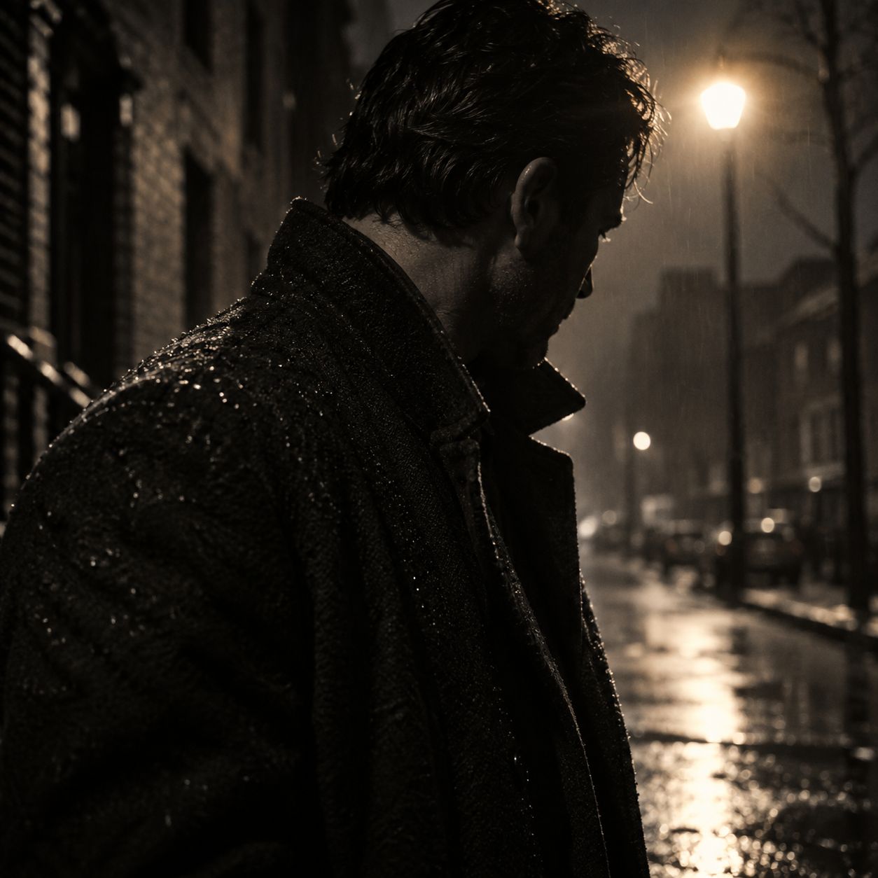 Cole Maddox, photographed on a rainy Philadelphia street at night